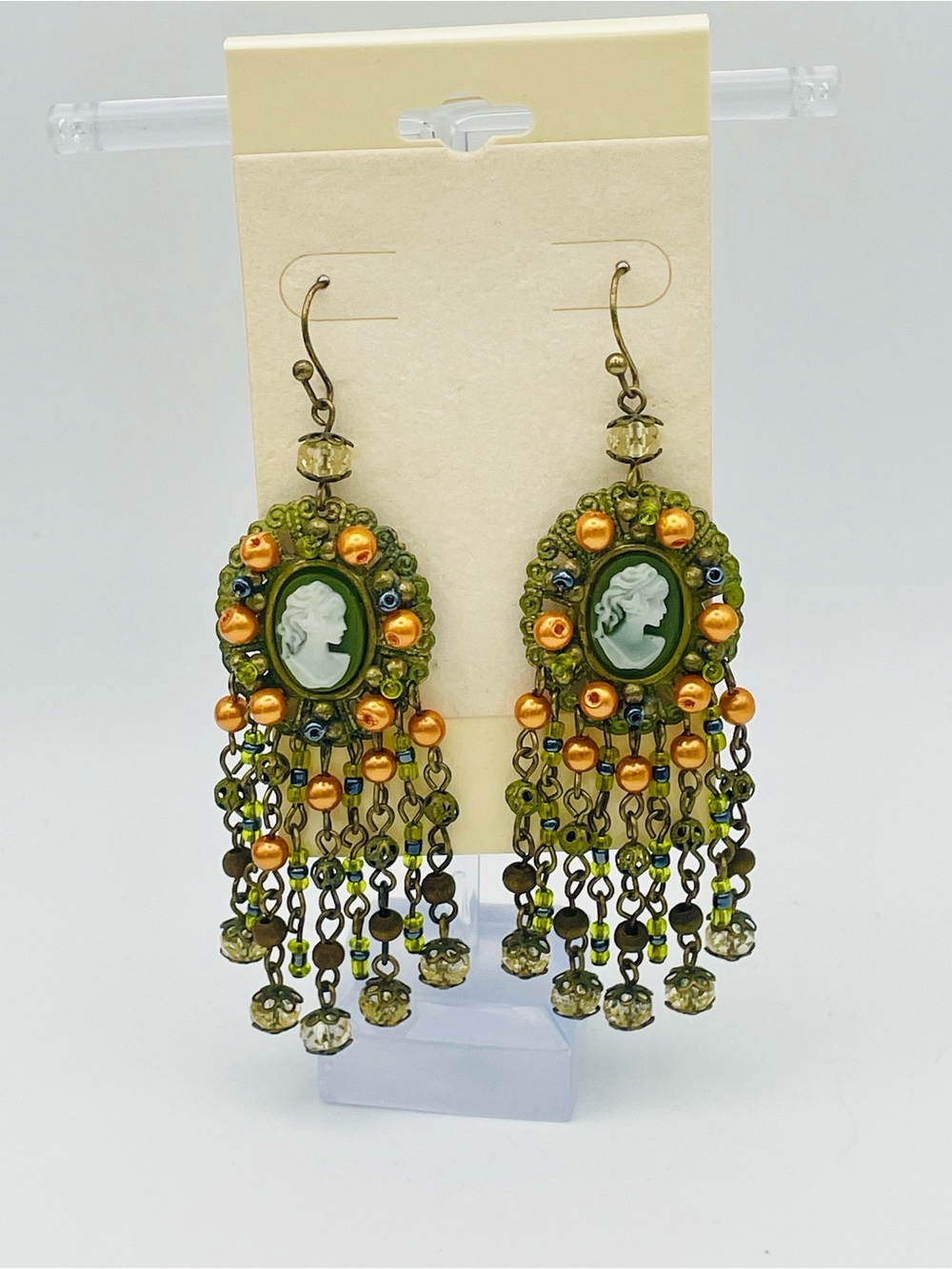 Vintage Style Green Cameo Dangle Chandelier Earrings with Orange Bead Accents